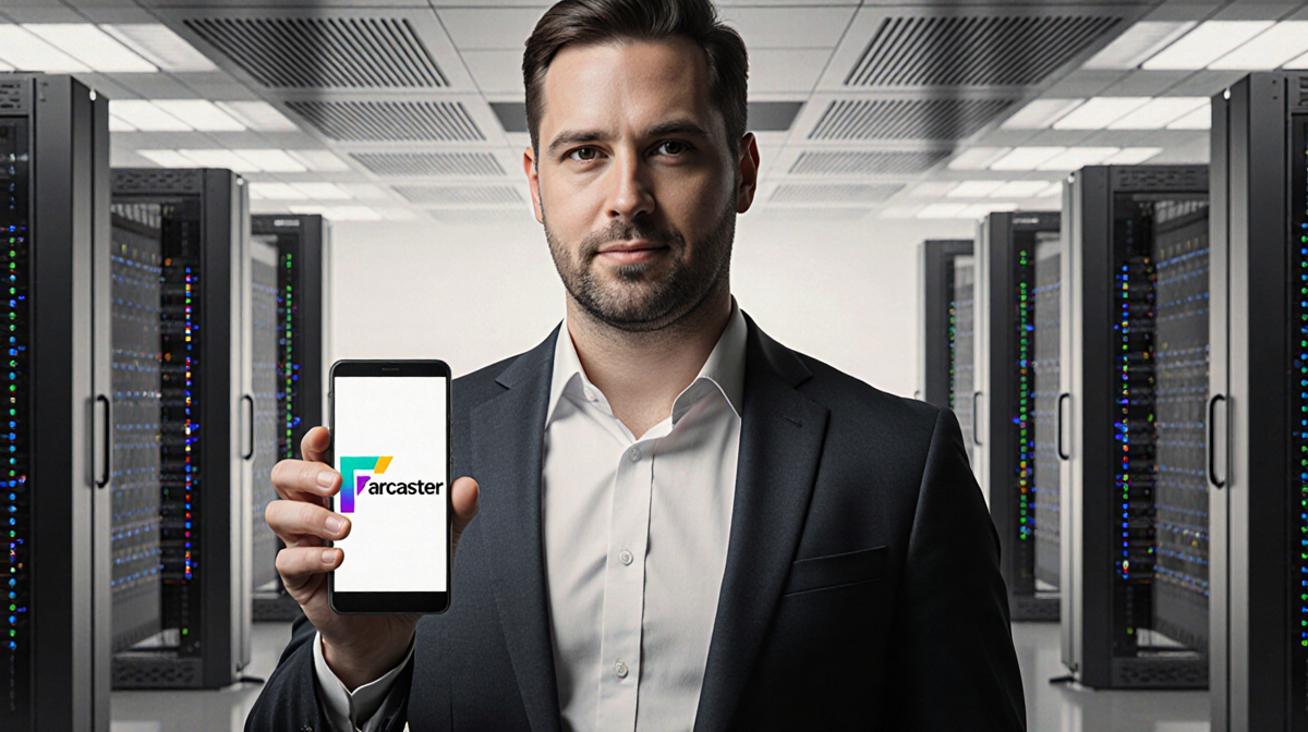 Dan Romero stands confidently with Farcaster phone showing bright logo in a futuristic server room