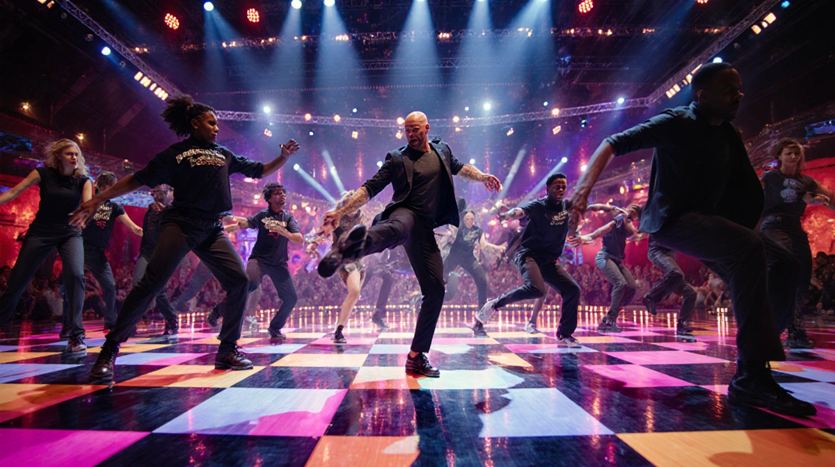 Dancers competing on neon-lit floor with overhead view showing dynamic moves and jungle-themed details