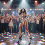 Dancer striking mid-pose with sequined costume shining under spotlight and strobe lights while fans blur behind