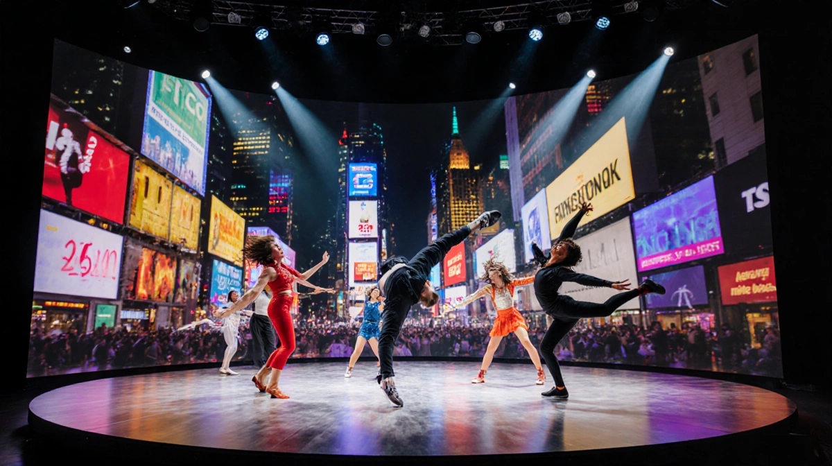 Performers spinning on a 360-degree dance floor with Times Square lights reflected and spotlights highlighting their moves.