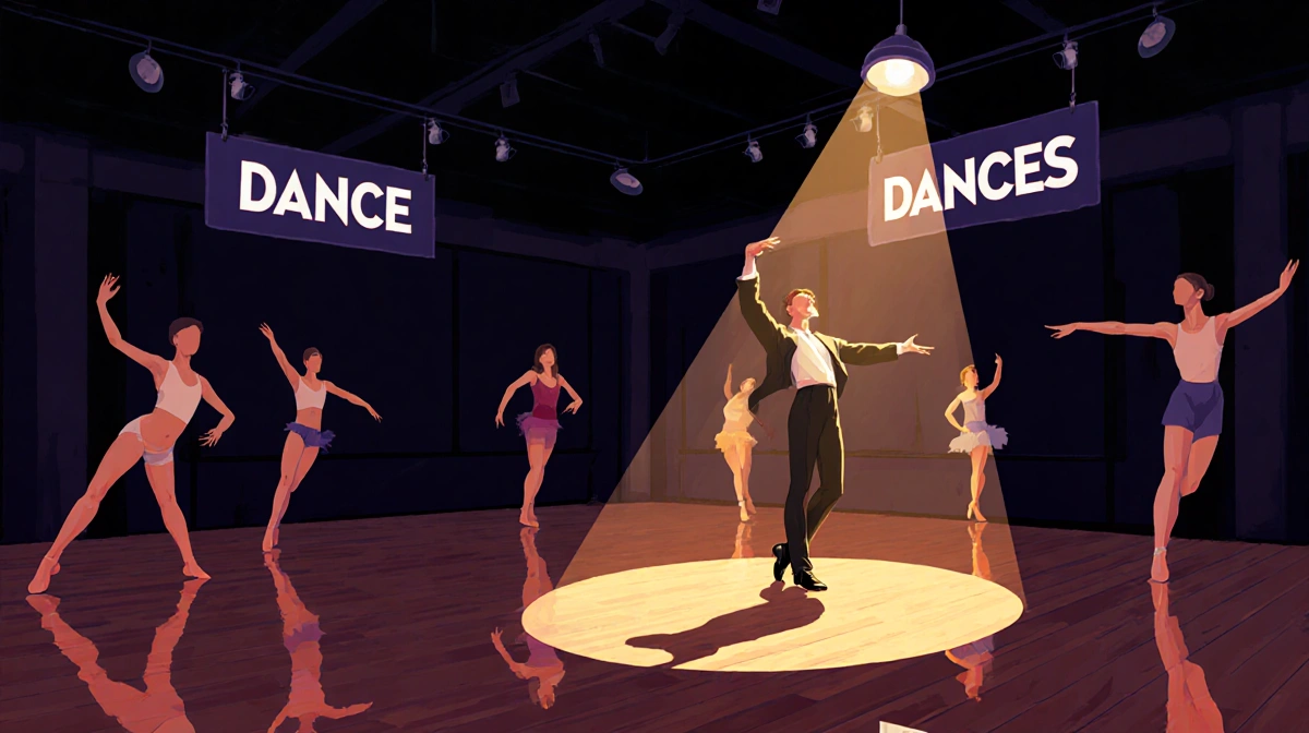 Dancer performing under spotlight with DANCE words on floor and others posing in dim studio