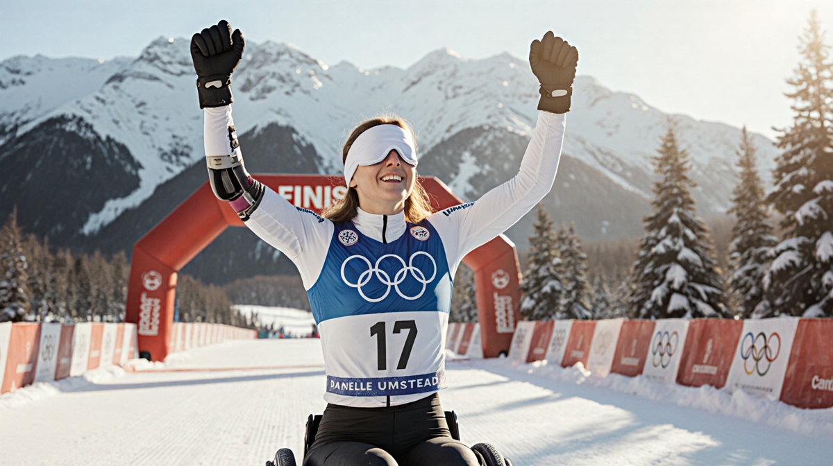 Danelle Umstead raising arms in triumph at Paralympic ski finish line with blindfold and prosthetic leg against snowy backdro