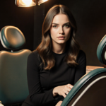 Dani Evans sits in a vintage dentist chair with a subtle glow and scattered old dental tools reflecting on her journey