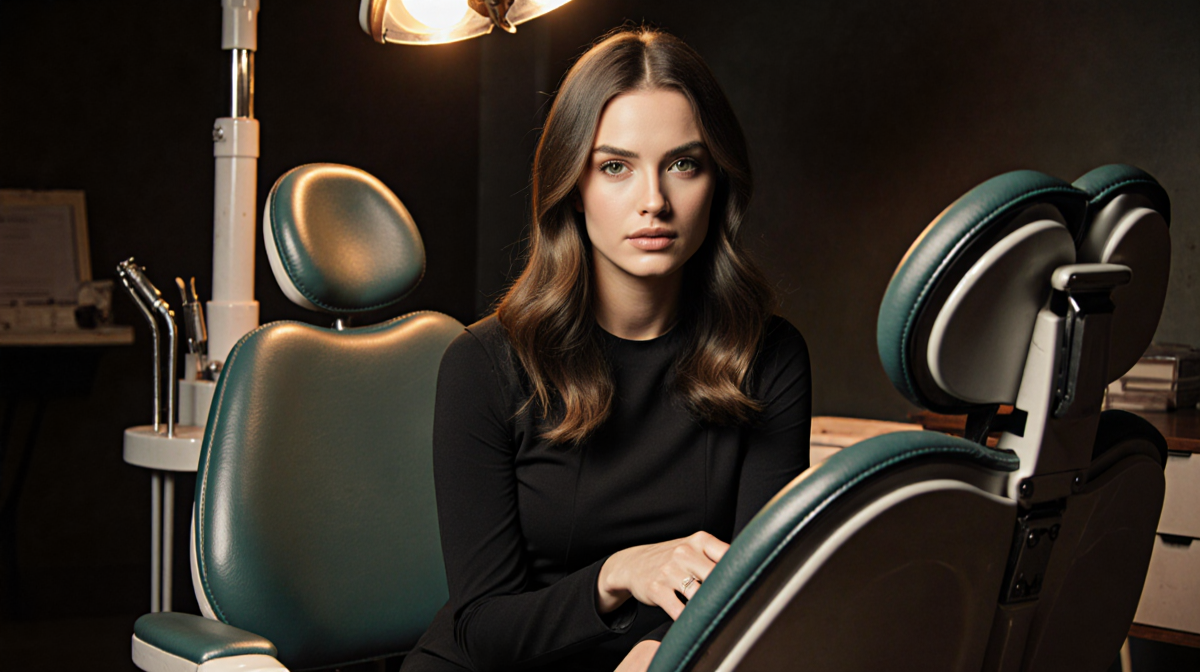 Dani Evans sits in a vintage dentist chair with a subtle glow and scattered old dental tools reflecting on her journey
