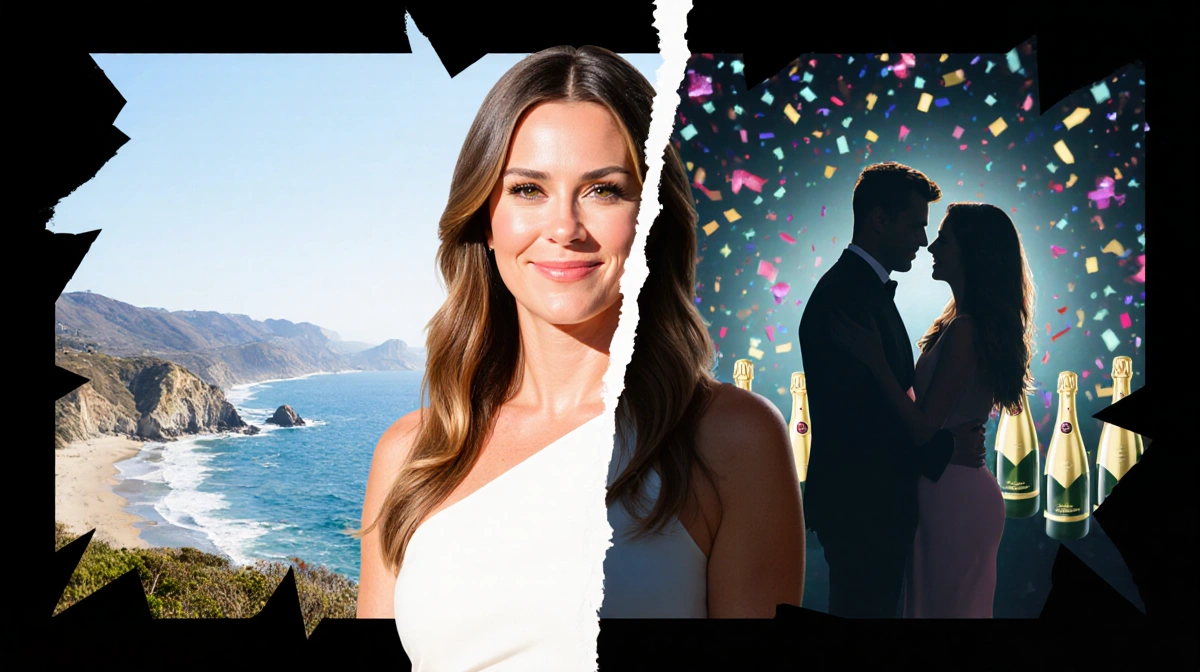 Danica Patrick stands before a split background with Malibu coastline on one side and blurred party scene with champagne on t