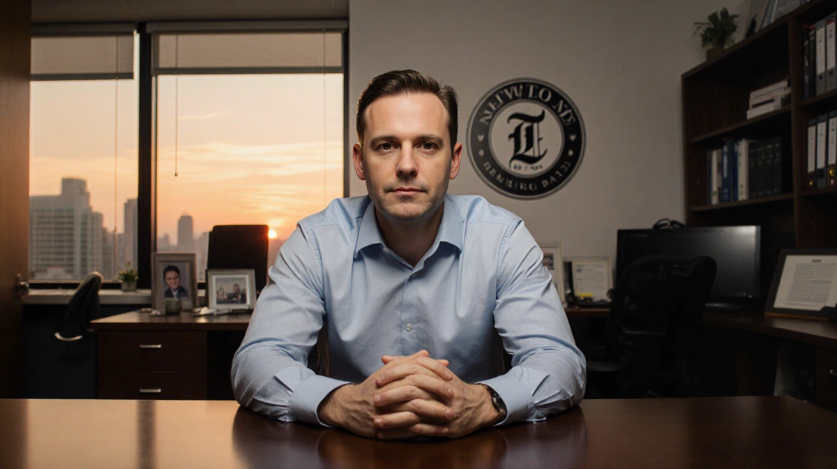 Daniel Levine sits confidently at desk with warm dusk light and newsroom logo visible behind
