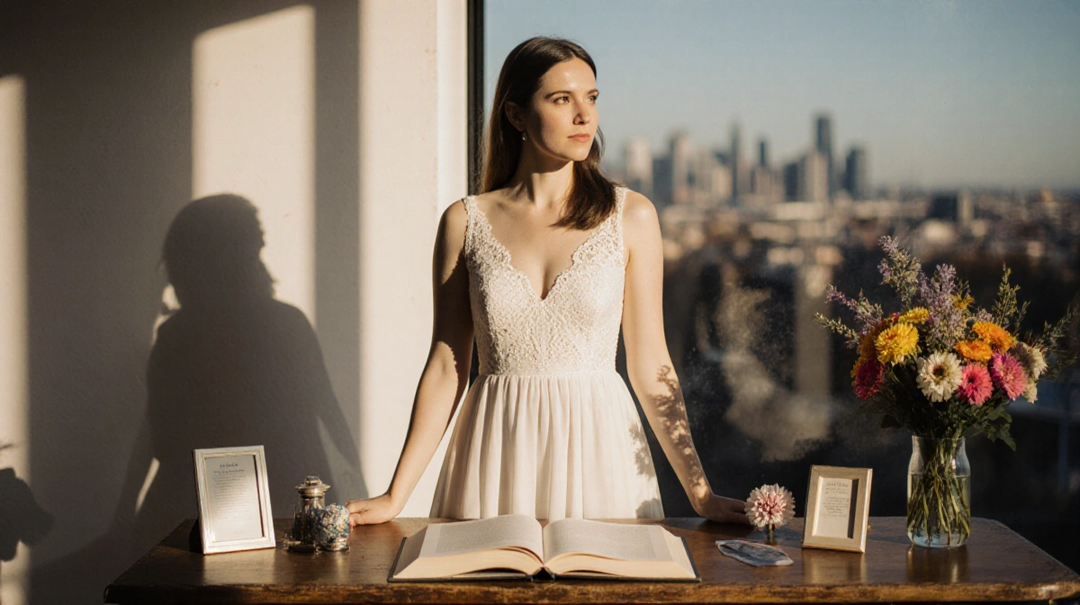 Danni stands beside her open PhD thesis with a colorful bouquet and a blurred cityscape in the background.