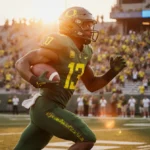Dante Moore sprinting with football toward end zone with cheering fans and sunset glow at Autzen Stadium