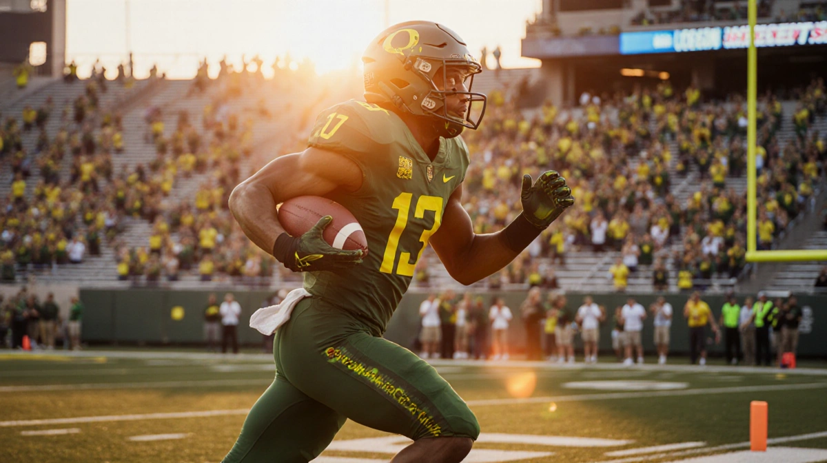 Dante Moore sprinting with football toward end zone with cheering fans and sunset glow at Autzen Stadium