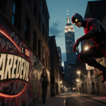 Matt Murdock mid‑jump with glowing yellow eyes and graffiti Daredevil logo on alley wall near New York City skyline