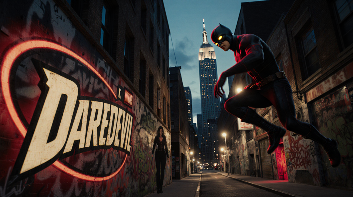 Matt Murdock mid‑jump with glowing yellow eyes and graffiti Daredevil logo on alley wall near New York City skyline
