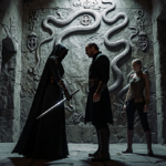 Tarantula draws sword with fierce stare at Aleksander amid dim alley and carved stone wall.