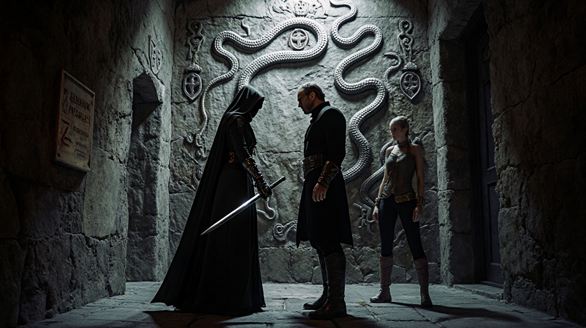 Tarantula draws sword with fierce stare at Aleksander amid dim alley and carved stone wall.