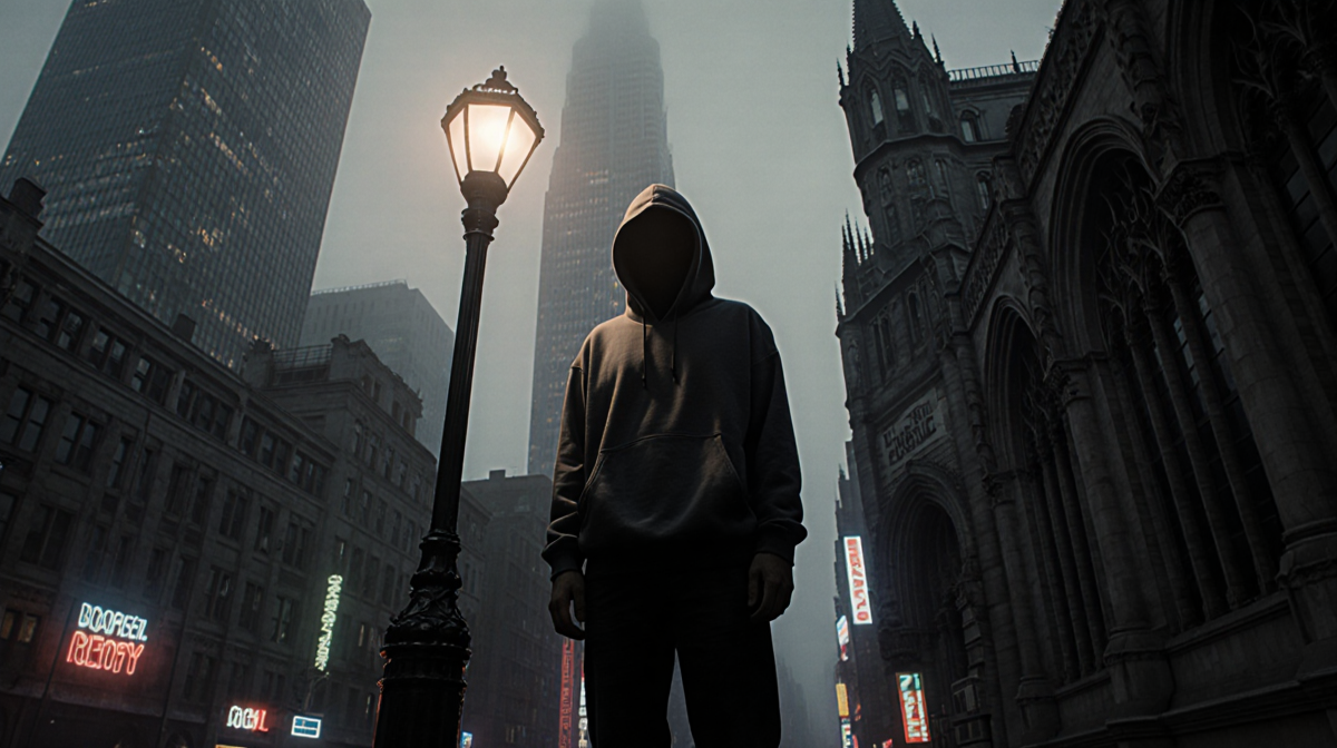 Lone figure standing under flickering streetlamp with misty cityscape and neon signs.