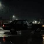 Puddle reflects flickering streetlight with dark sedan parked and its open rear door in rain‑soaked street