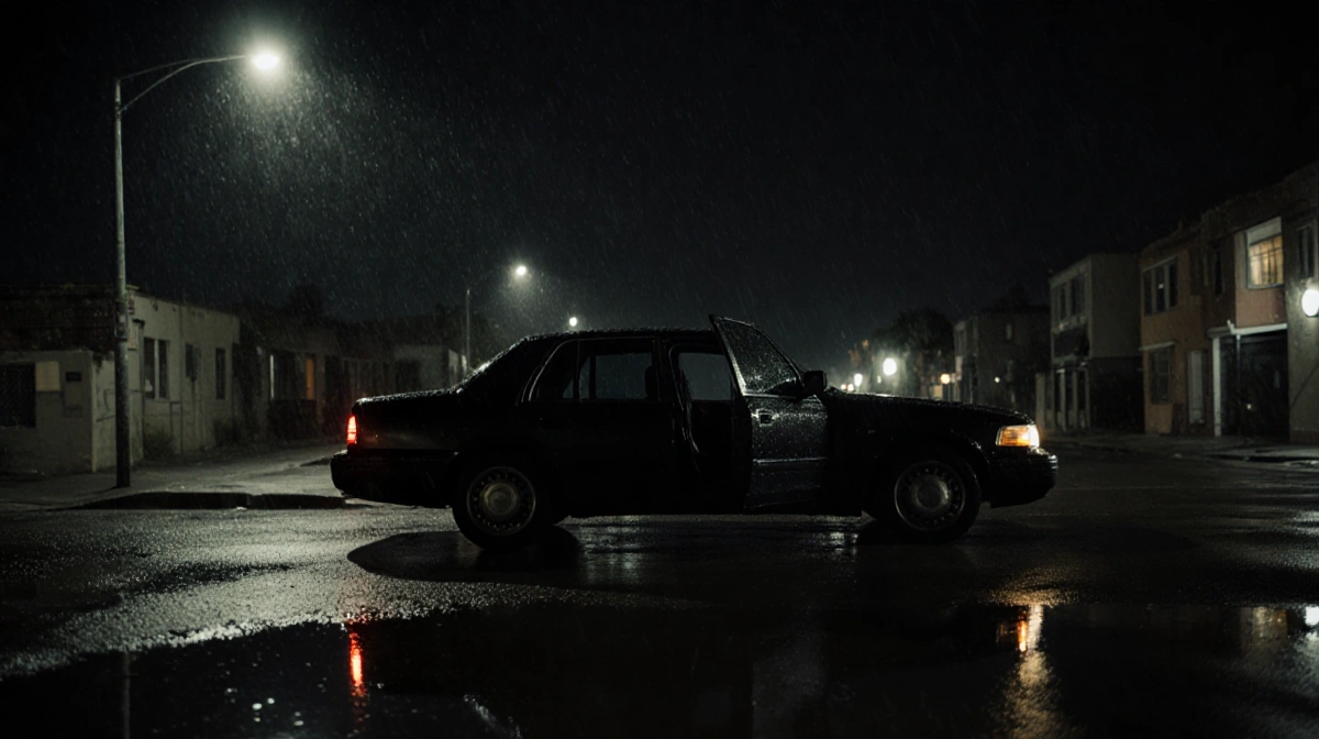 Puddle reflects flickering streetlight with dark sedan parked and its open rear door in rain‑soaked street