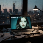 Dark desk with worn keyboard lying and flickering screen showing young woman