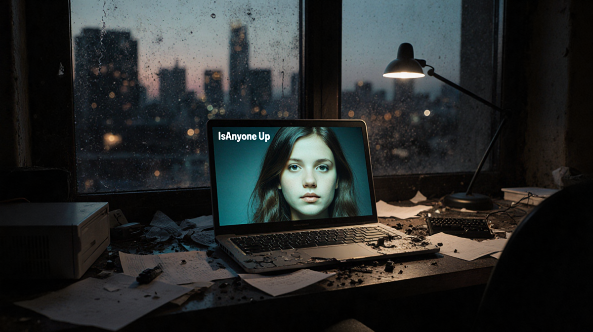 Dark desk with worn keyboard lying and flickering screen showing young woman