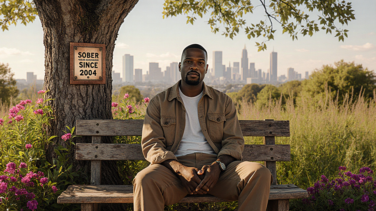 Darryl McDaniels sits on a worn bench with lush greenery and a plaque reading Sober Since 2004 exuding hip‑hop confidence