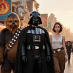 Darth Vader and Chewbacca posing together at Galaxy