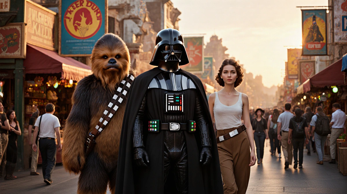 Darth Vader and Chewbacca posing together at Galaxy