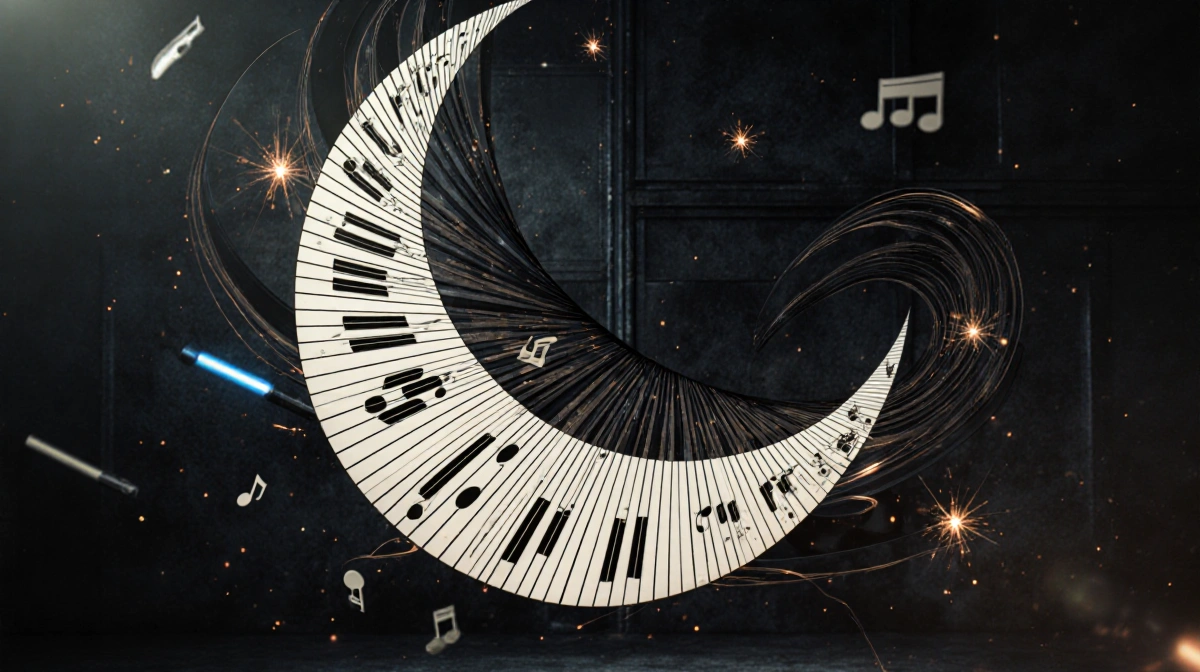 Darth Vader's theme floats in mid-air with swirling musical notes and distant sparks against a dark Star Wars backdrop