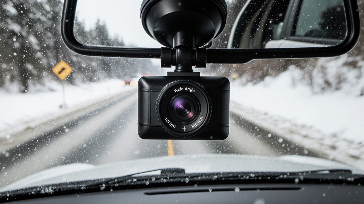 Dashboard camera pointing forward with windshield and hood blurred snowy road in background.