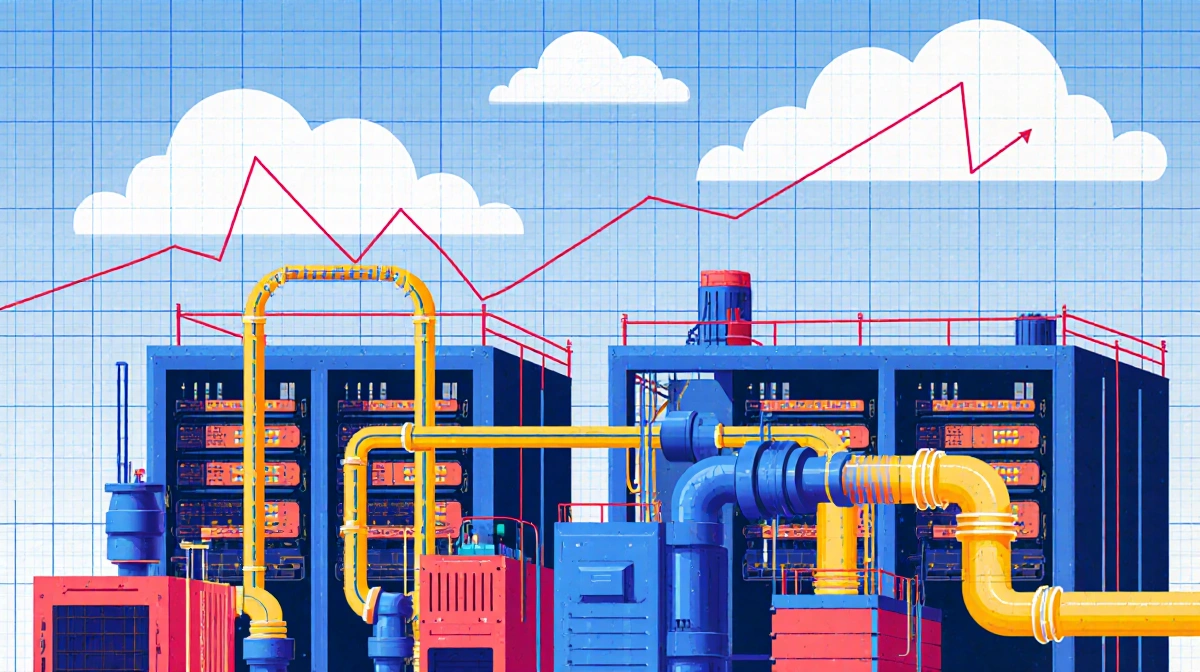Data center blueprint showing colored pipes and wires with cloud shapes above indicating infrastructure growth