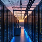 Servers humming in data center with power grid glowing under blue and yellow lights