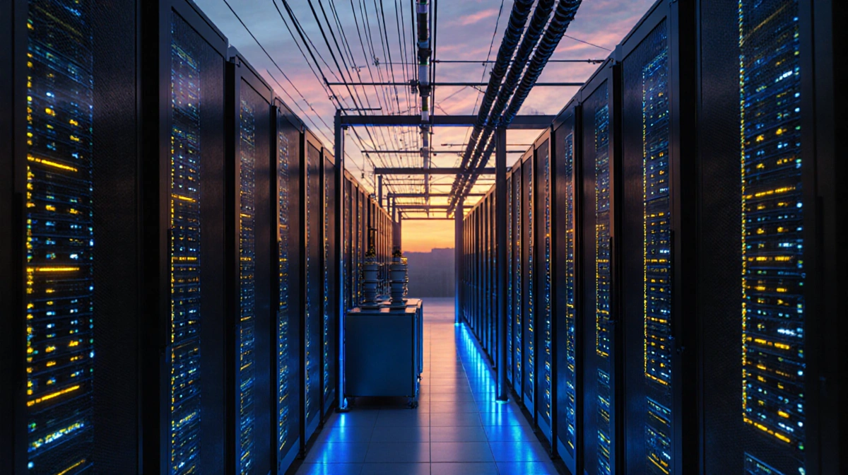 Servers humming in data center with power grid glowing under blue and yellow lights