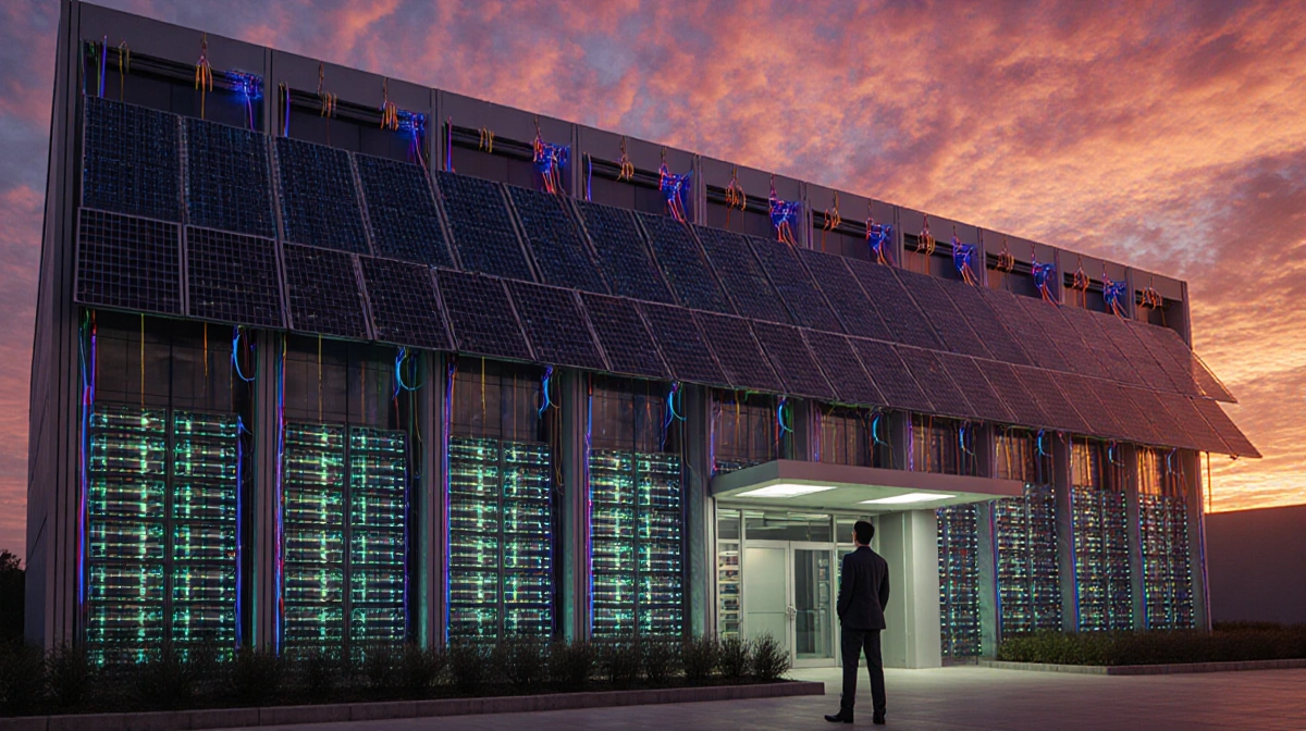 Business professional admires modern data center at sunset with colorful fiber-optic lights and solar panels glowing on the b
