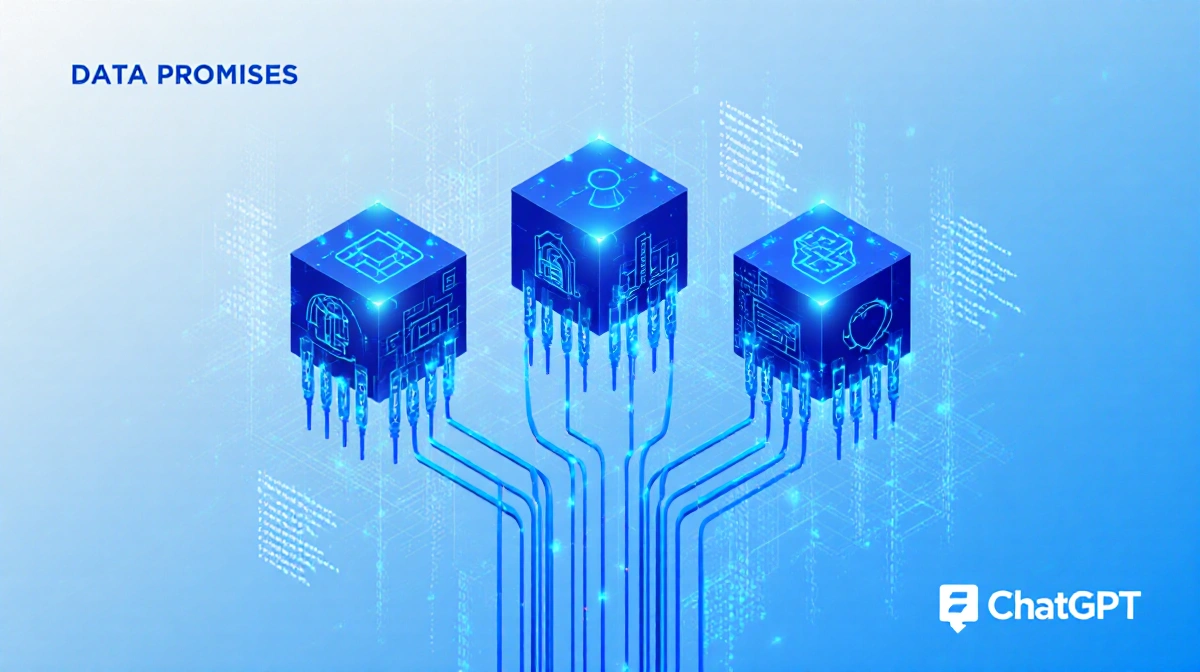 Three glowing data cubes connected by blue circuits show transparency and security with digital code textures and gradient bl