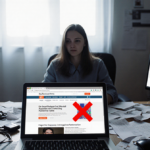 Blurred figure sits at cluttered desk with papers and cables while laptop screen shows chaotic data removal site with red X