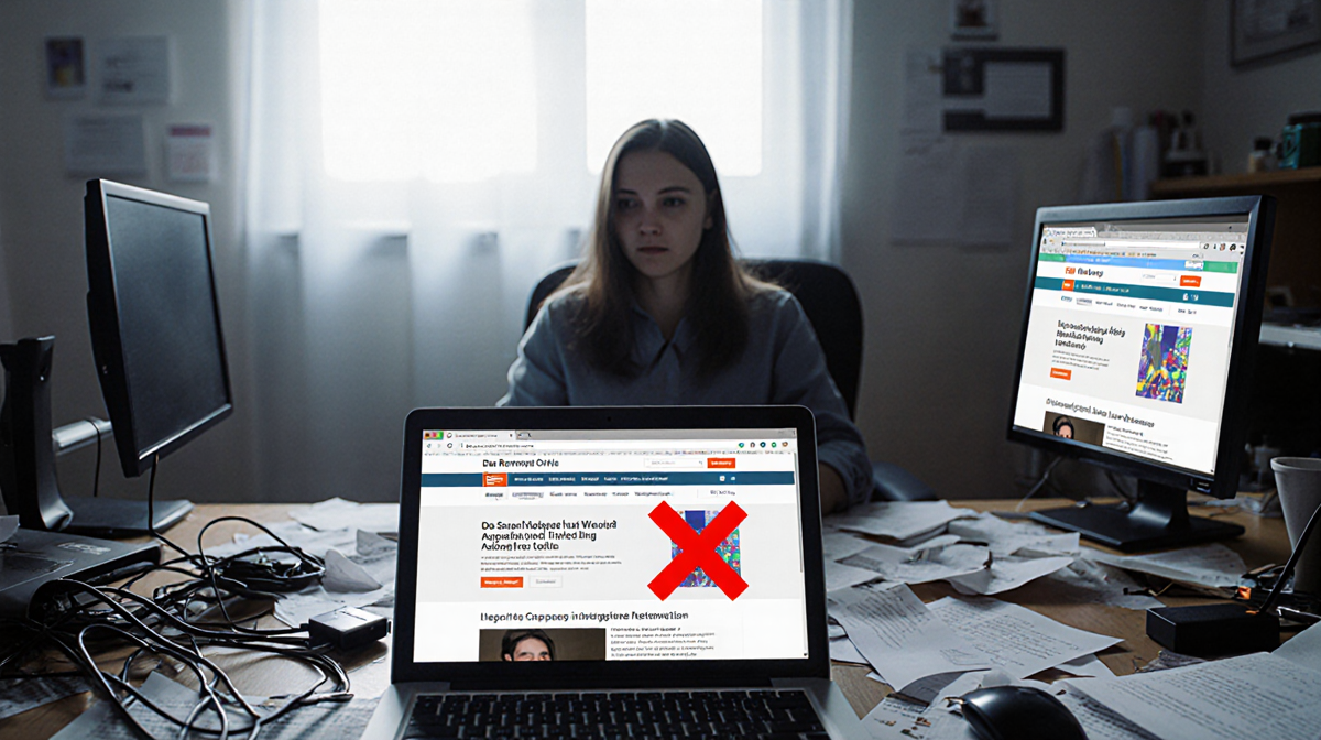 Blurred figure sits at cluttered desk with papers and cables while laptop screen shows chaotic data removal site with red X
