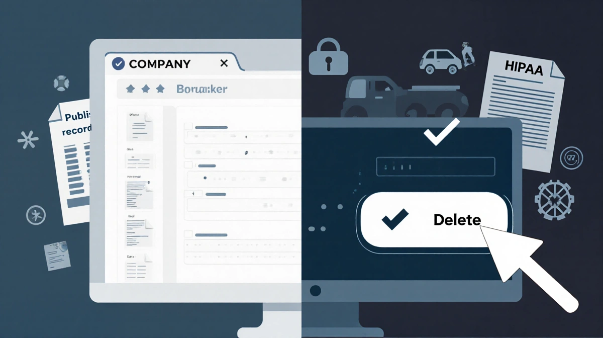 Computer screen showing data transfer between Company and Broker with delete button and checkmark on broker side