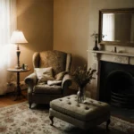 Worn floral rug and outdated armchair sit with wilted flowers and soft lamp light creating cozy living room