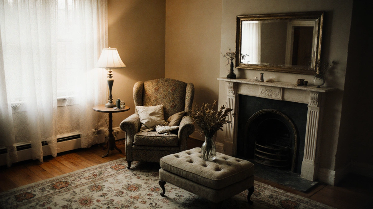 Worn floral rug and outdated armchair sit with wilted flowers and soft lamp light creating cozy living room