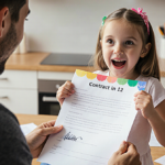 Young girl holding a contract with her dad