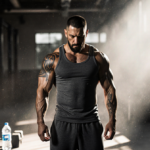 Dave Bautista standing in gym with warm light highlighting his tank and water bottle and weights nearby