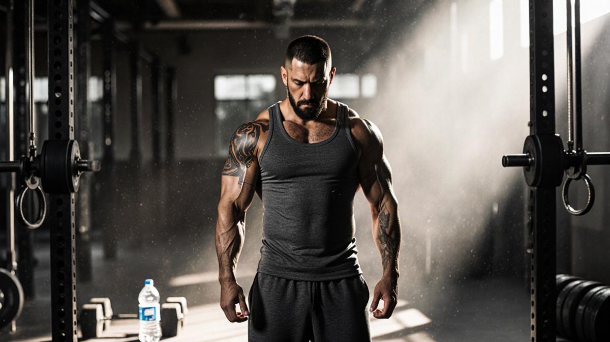 Dave Bautista standing in gym with warm light highlighting his tank and water bottle and weights nearby