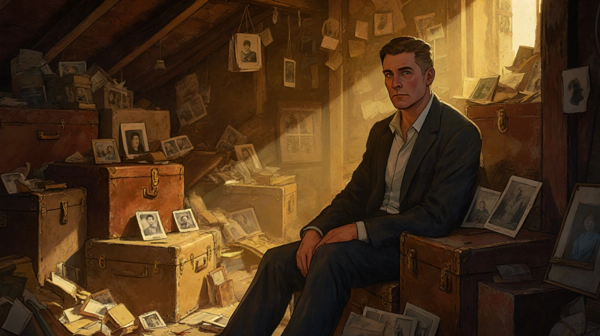 David sits in dusty attic with old photographs and trunks while golden light shows his thoughtful expression