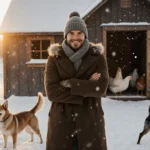 David Beckham stands smiling with dogs playing near snow-covered chicken coop with chickens visible inside