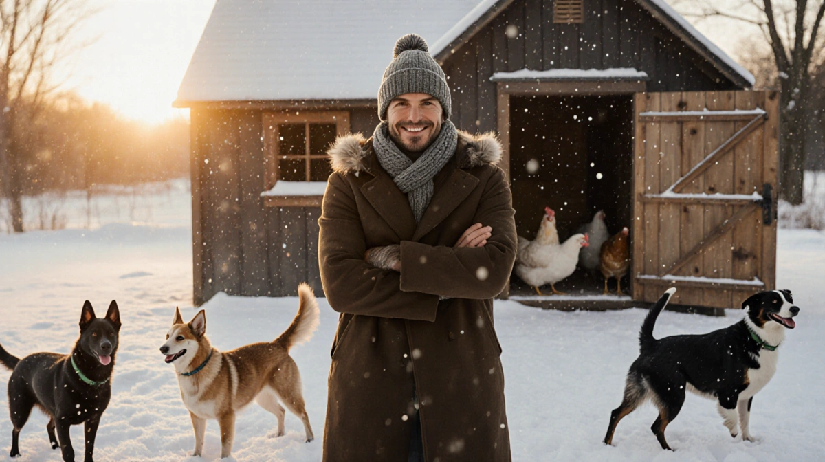 David Beckham stands smiling with dogs playing near snow-covered chicken coop with chickens visible inside