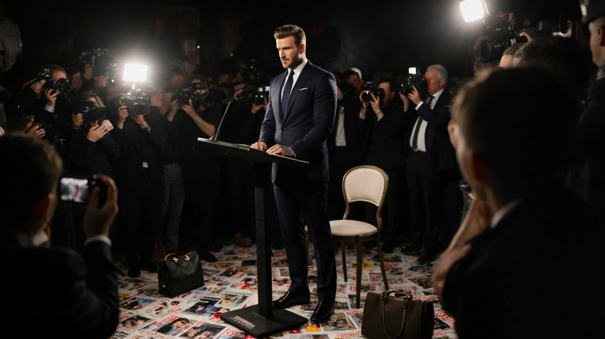 David Beckham stands at podium with empty chair and paparazzi flash in background