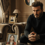 David Beckham clutching hands on plush couch with faint Nicola Peltz photo on coffee table in golden light