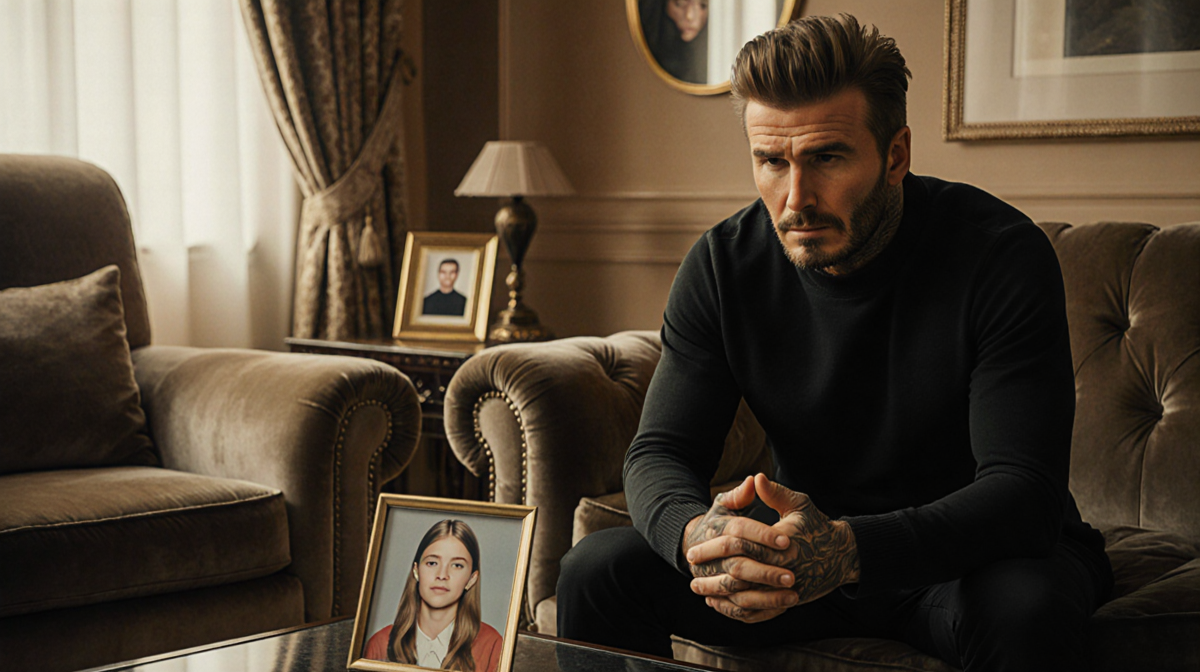 David Beckham clutching hands on plush couch with faint Nicola Peltz photo on coffee table in golden light