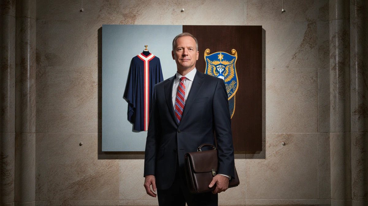 David Easterwood stands before a church wall with pastor vestment and director badge collage while holding Homeland Security 