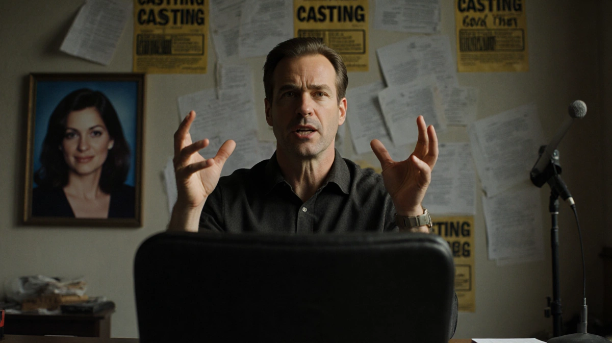 David Hyde Pierce gestures while speaking to an empty chair with a blurred headshot on the wall behind him
