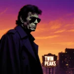 David Lynch stands before a glowing city skyline with trench coat draped over his arm and Twin Peaks sign visible in the dist