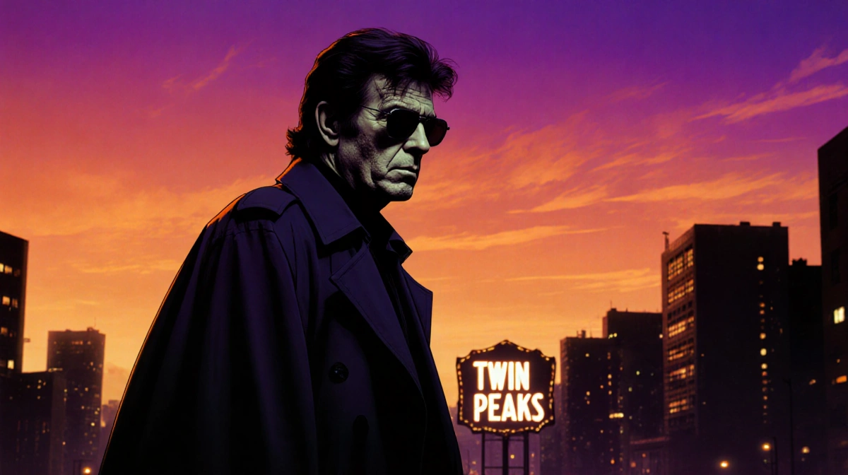 David Lynch stands before a glowing city skyline with trench coat draped over his arm and Twin Peaks sign visible in the dist